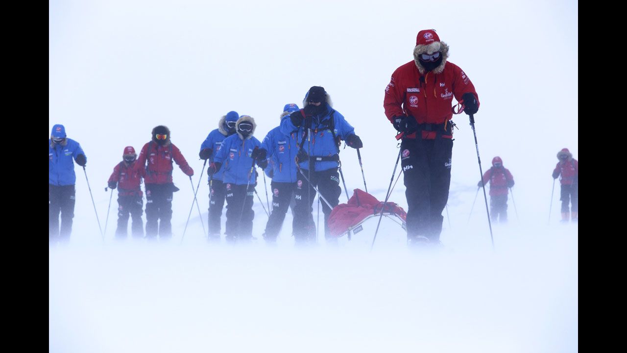 Prince Harry pulls the pulk guiding U.S. team member Ivan Castro, who is blind, as he takes part in ski training near Novo, Antarctica.