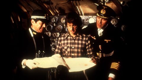 Actor Toshiro Mifune, left, listens as Spielberg runs through a scene from "1941" with him and co-star Christopher Lee. The 1979 comedy, a satirical film about hysterical Californians preparing for a Japanese invasion after Pearl Harbor, was considered a bust.