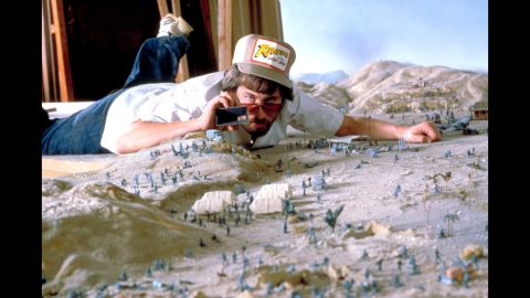 Spielberg works on a miniature set for "Raiders of the Lost Ark." The 1981 movie would be the first in the highly successful Indiana Jones film franchise.