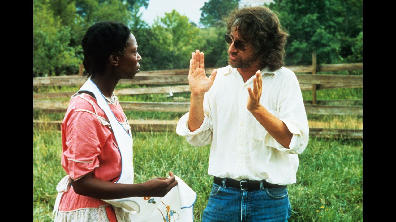 Actress Whoopi Goldberg has a conversation with Spielberg during production of the 1985 film "The Color Purple." The film, an adaptation of Alice Walker's novel, was nominated for Best Picture and earned Goldberg a Best Actress nomination.