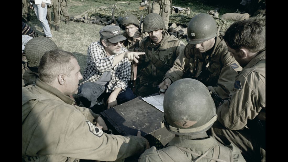Spielberg directs actors Tom Hanks, Jeremy Davies, Tom Sizemore, Adam Goldberg and others in the war drama "Saving Private Ryan" in 1998. Spielberg won his second Best Director Oscar for the film, and he also received the U.S. Navy's highest civilian award, the Distinguished Public Service Award.