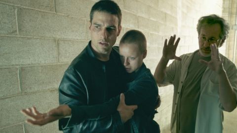 Actor Tom Cruise, left, Spielberg and Samantha Morton shoot "Minority Report" in 2002. The film was a commercial success, making more than $300 million worldwide.