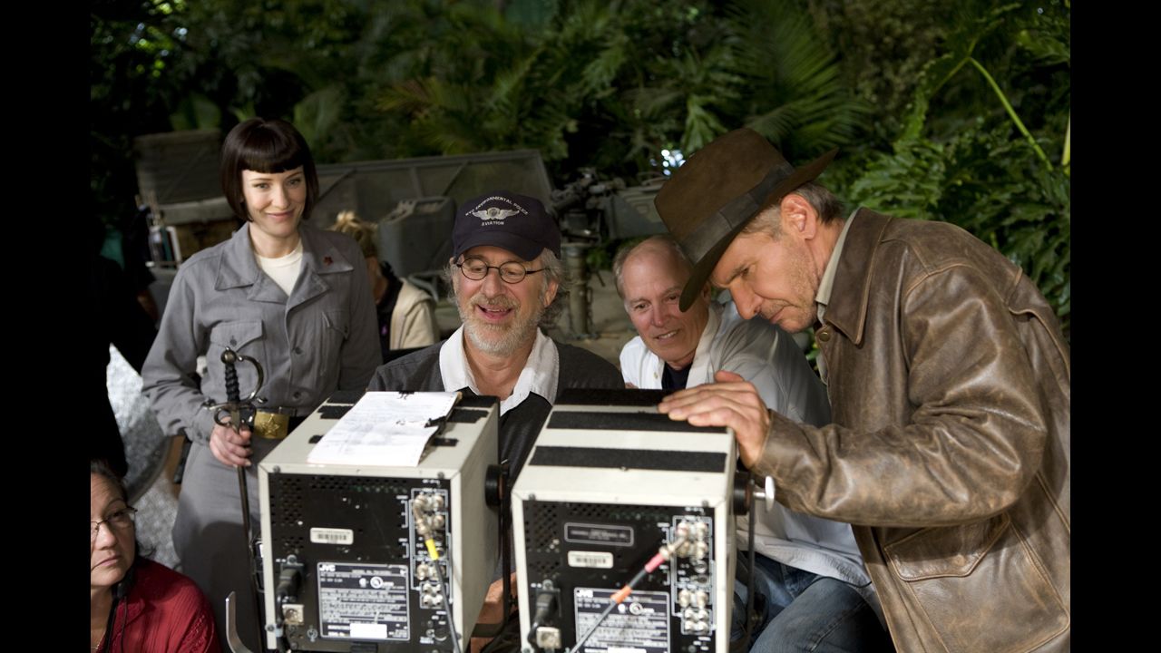 Actress Cate Blanchett, Spielberg, producer Frank Marshall and actor Harrison Ford appear on the set of the latest Indiana Jones film, "Indiana Jones and the Kingdom of the Crystal Skull," in 2008.