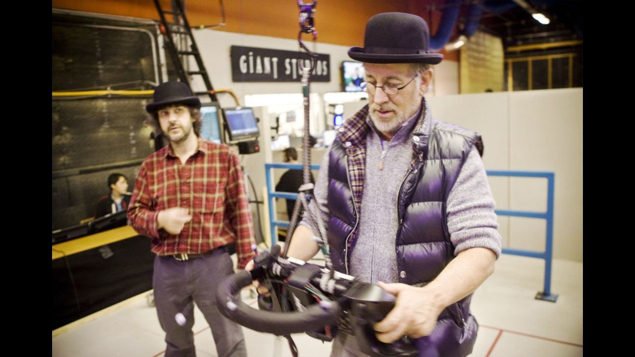 Producer Peter Jackson, left, and Spielberg work on the set of "The Adventures of Tintin" in 2011. Like "Indiana Jones," "Tintin" exists in a lost world of colonial exploration and adventure.