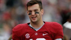 TUSCALOOSA, AL - NOVEMBER 23: AJ McCarron #10 of the Alabama Crimson Tide reacts in the final minutes of their 49-0 over the Chattanooga Mocs at Bryant-Denny Stadium on November 23, 2013 in Tuscaloosa, Alabama. (Photo by Kevin C. Cox/Getty Image