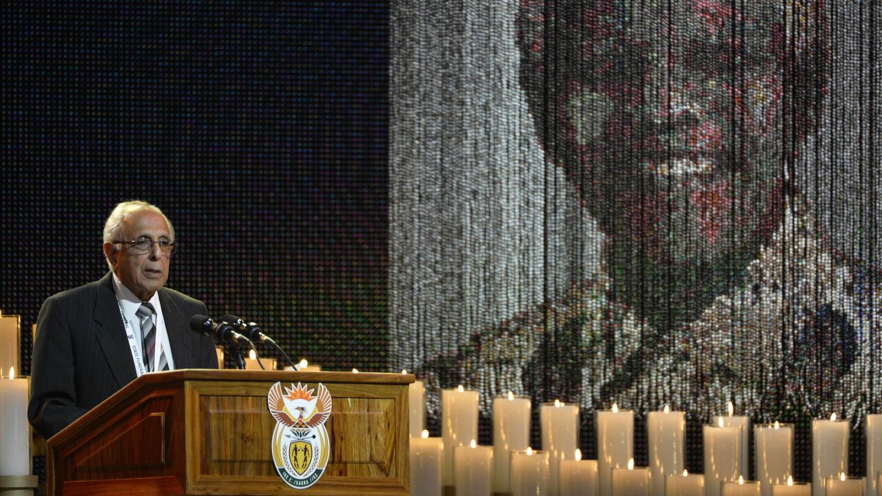 Anti-apartheid activist and close friend to Mandela, Ahmed Kathrada, speaks during the funeral ceremony.