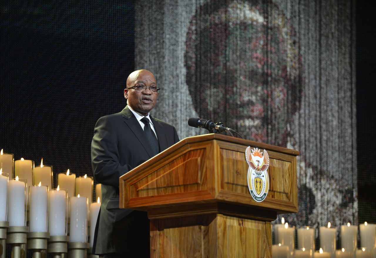 South African President Jacob Zuma speaks during the funeral ceremony.  