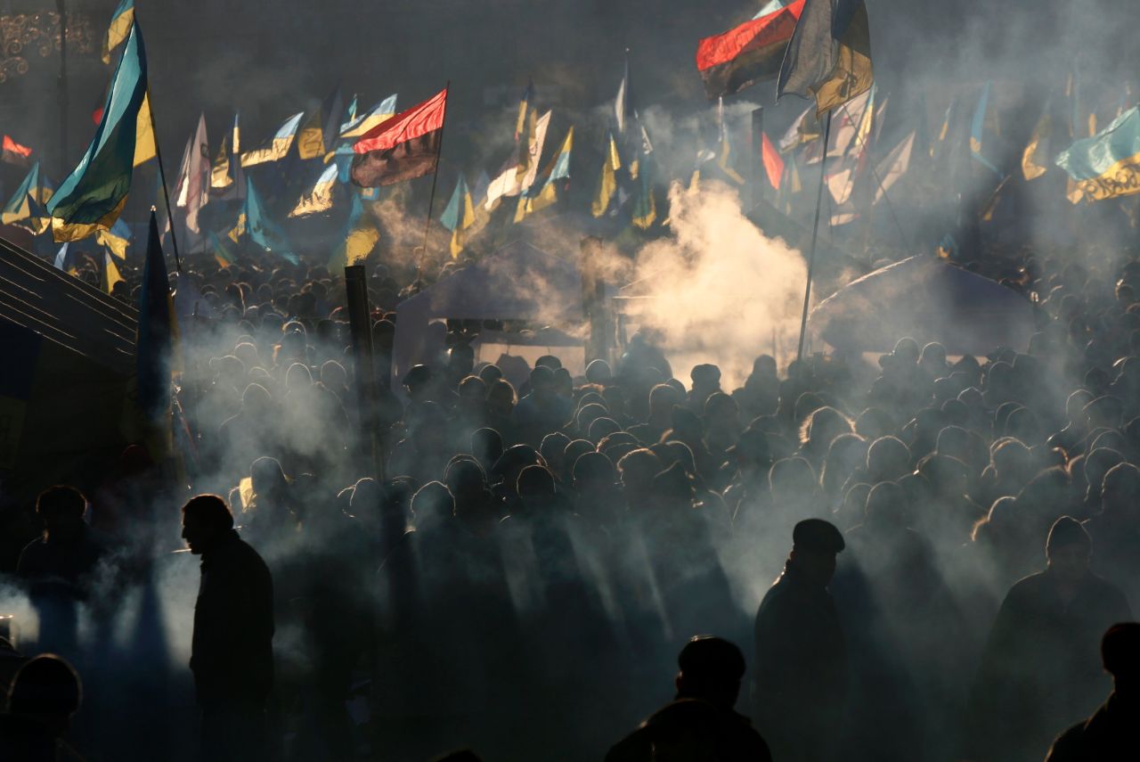 <strong>December 14:</strong> Ukrainian protesters, angry about the government's decision to back away from a free-trade agreement with the European Union, rally in Kiev's Independence Square. The government spurned an agreement in November in favor of closer economic ties with Moscow.