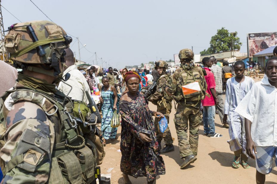 French troops patrol a street of the Muslim PK-5 district in Bangui on December 16.