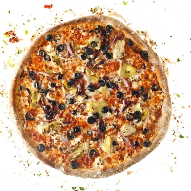 Another option is the Mediterranean, made of artichokes, sun-dried tomatoes, red onions, black olives and feta cheese.