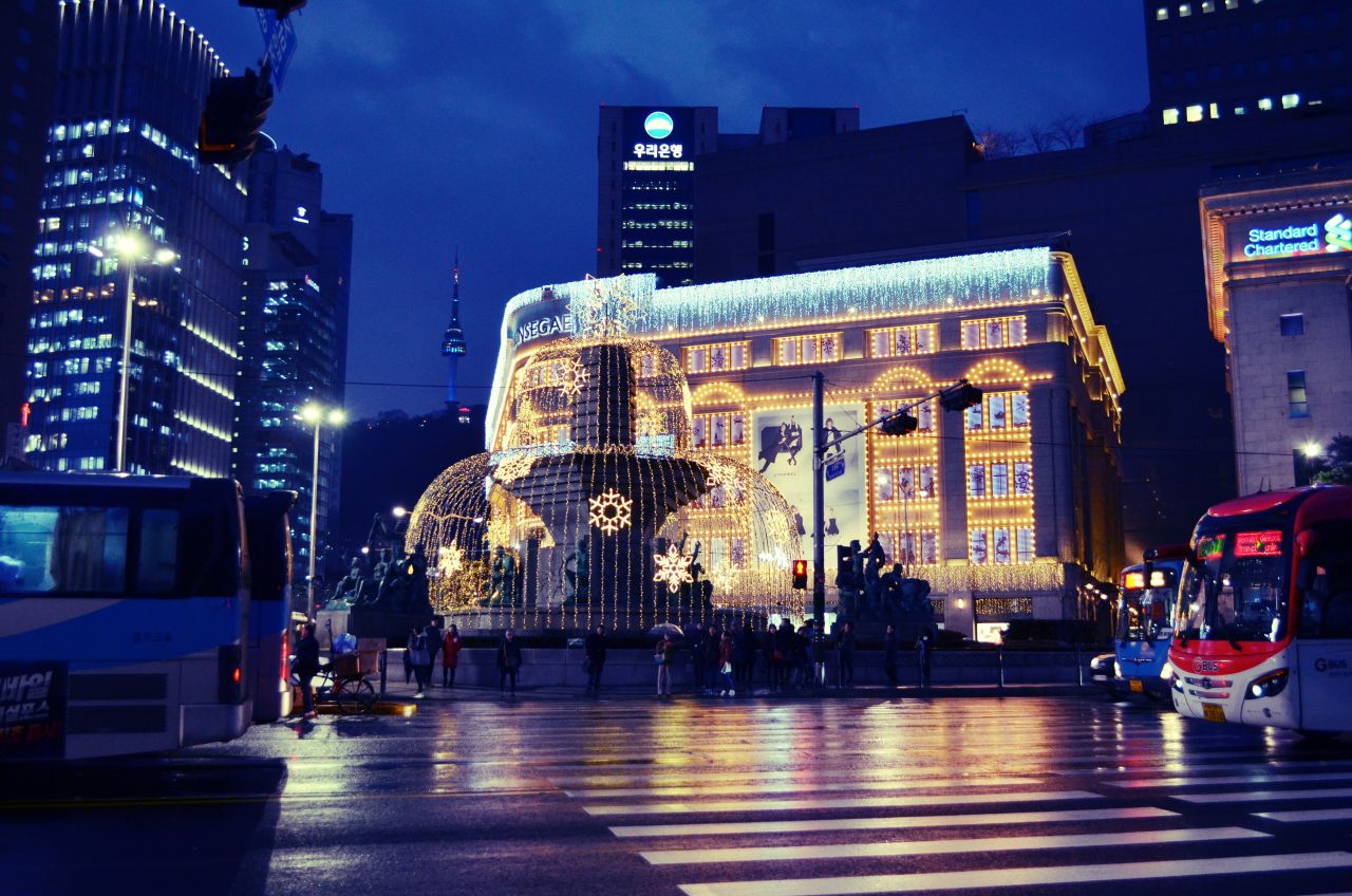 Seoul's Shinsegae Department Store, covered in lights, was this year's first encounter with real Christmas decorations for American Korean language student <a href="http://ireport.cnn.com/docs/DOC-1065524" target="_blank">Morgan Brenner</a>. "I sent the photo to friends and family in the US, and my father commented that Seoul seemed far more Christmassy than my hometown in Ohio at the time."