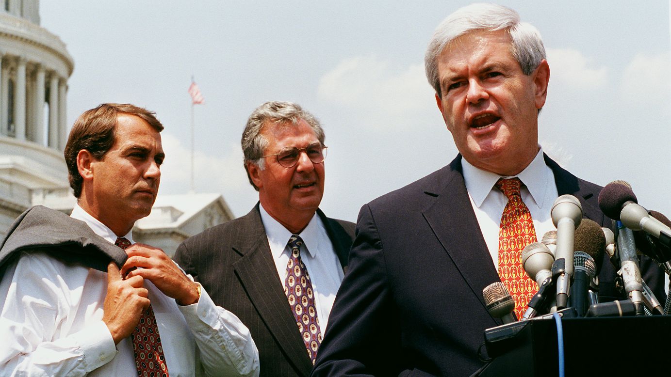 Boehner and House Majority Leader Dick Armey, R-Texas, listen to House Speaker Newt Gingrich at a 1997 news conference with entrepreneurs promoting the GOP tax relief plan. 