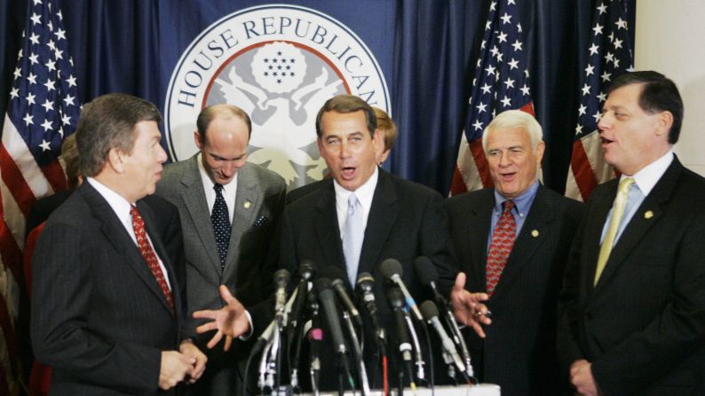 Boehner, center, and fellow Republican House members sing Boehner's birthday song during a news conference on Capitol Hill on November 17, 2006. Boehner served as the House Minority Leader from 2007 to 2011.