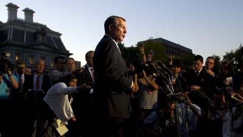 Boehner speaks to the media after a meeting with President Obama at the White House in October 2013, the second day of the federal government's recent shutdown. The White House squared off with Republican rivals in Congress over how to fund federal agencies, many of which were forced to close, leaving a fragile economy at risk. 