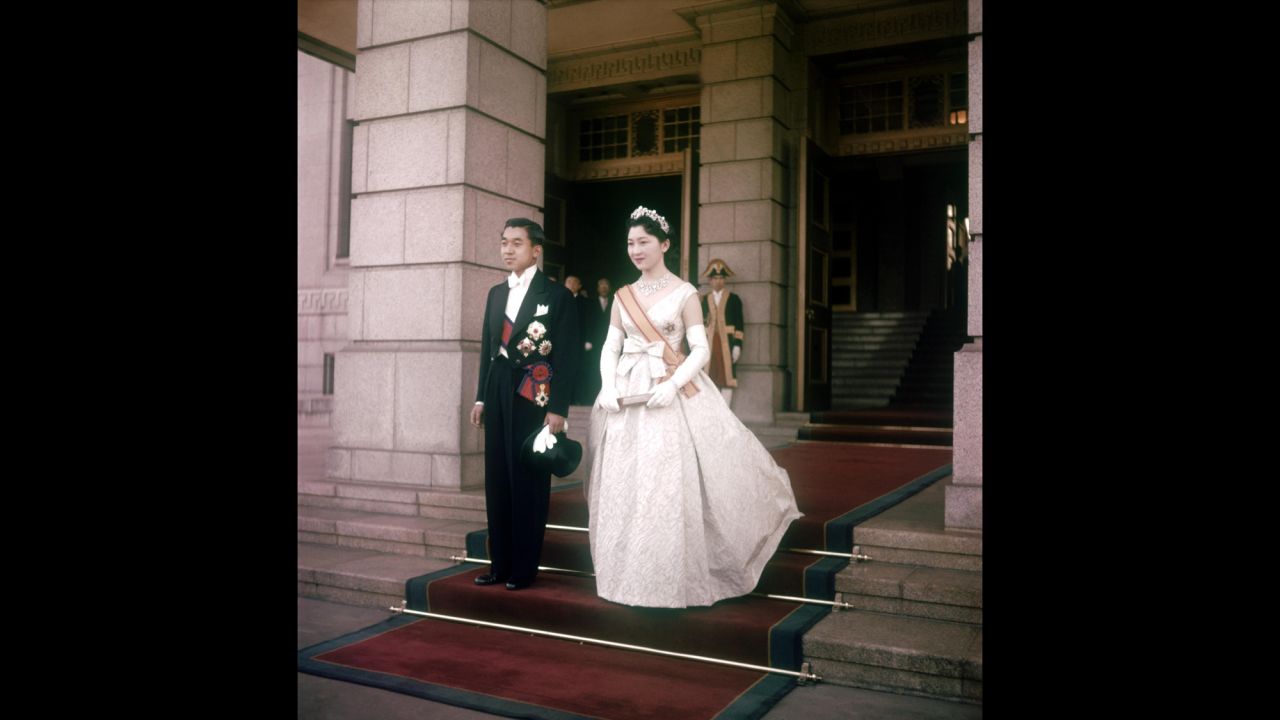 Akihito during his wedding to Michiko Shoda in 1959. He is the first Japanese crown prince to marry a commoner.