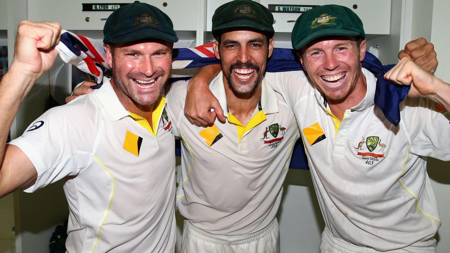 Ryan Harris, Mitchell Johnson and Peter Siddle celebrate Australia's Ashes triumph.