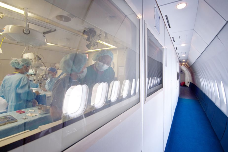 But inside the plane there is a surgical theater and a screening room for patients.