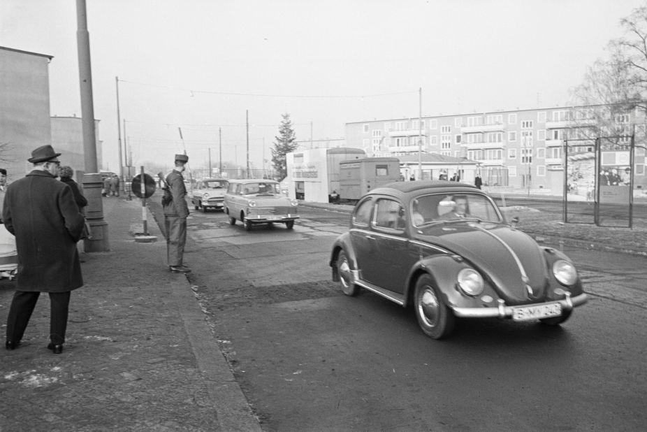 Cars pass into East Berlin on Christmas Day in 1963.
