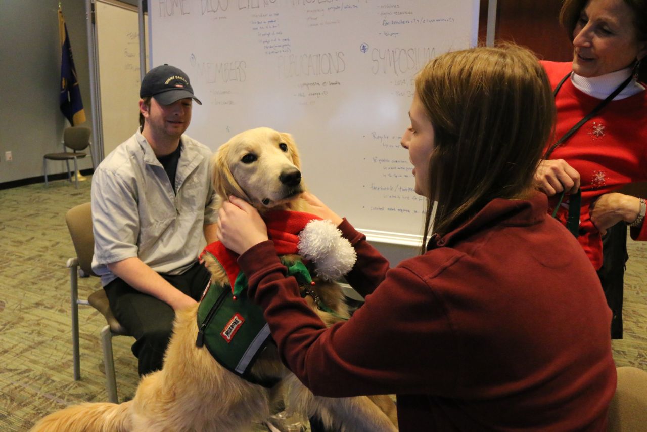 Studies show canine interaction increases a human's level of oxytocin, a hormone that reduces anxiety and blood pressure.