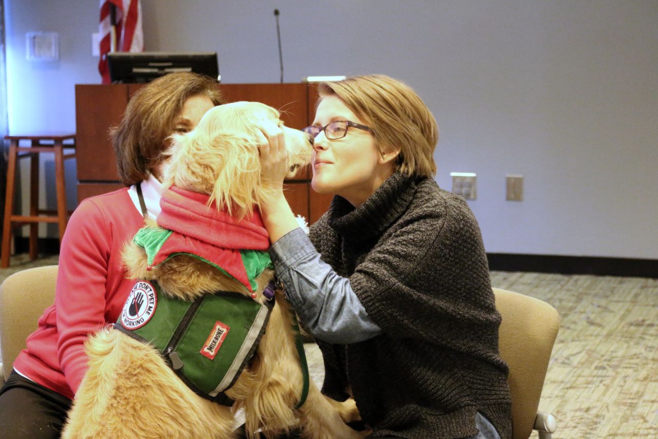 Counselors say finals stress often causes a kind of tunnel vision. The dogs help students step out of themselves and relax.