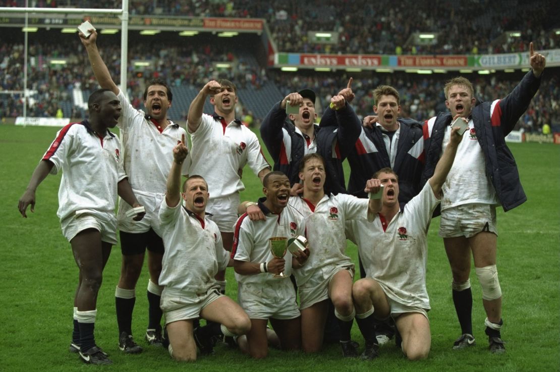 England players celebrate winning the innaugural rugby Sevens World Cup.