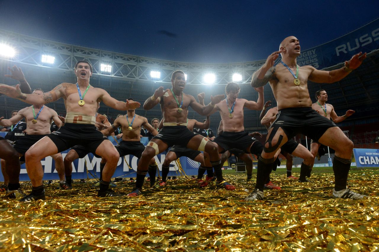 New Zealand's sevens team perform the haka in celebration of their victory over England in the final of the 2103 World Cup Sevens final at Moscow's Luzhniki Stadium.
