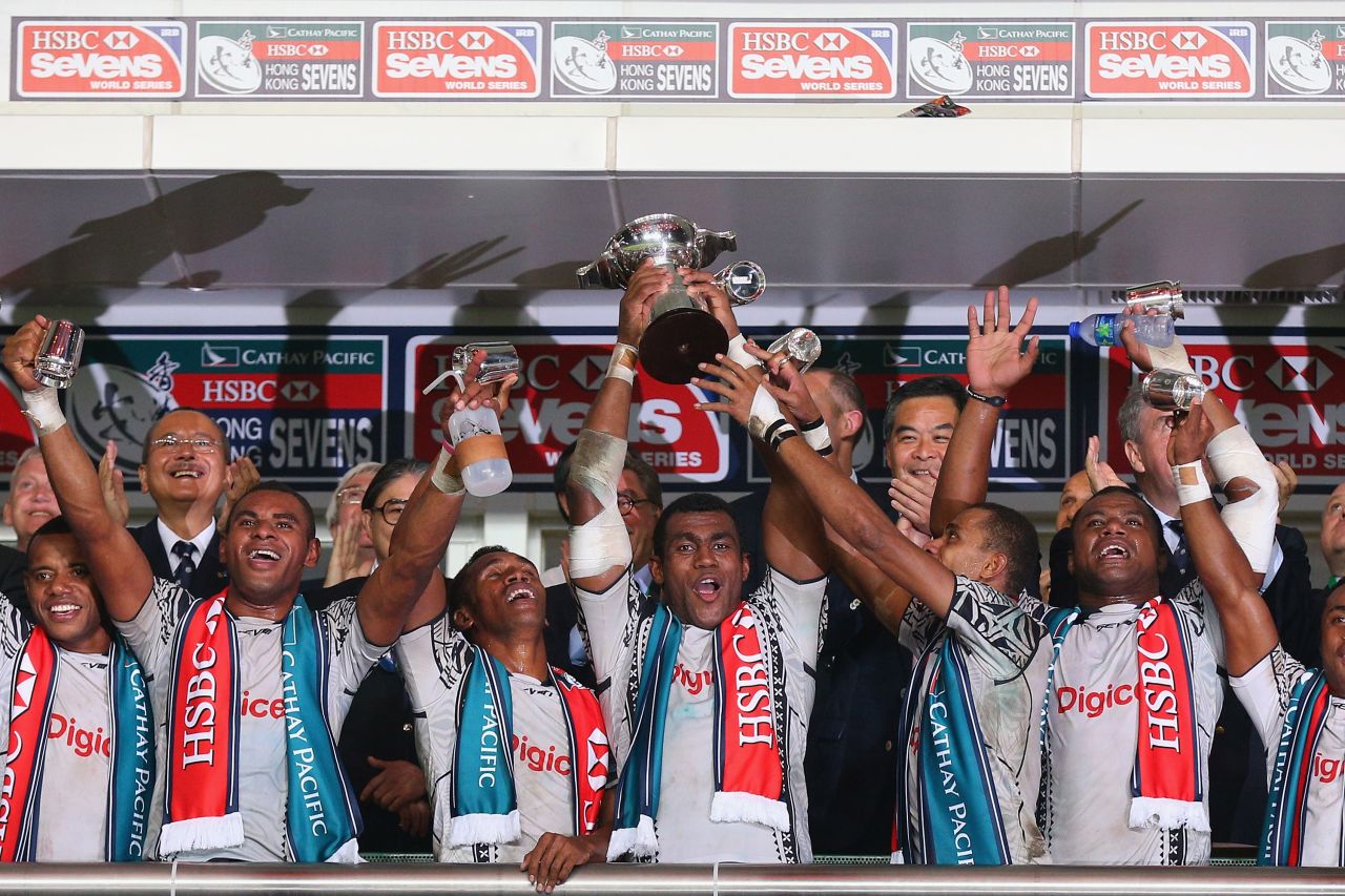 Fiji players celebrate after winning the final against Wales at the 2013 Hong Kong Sevens at the Hong Kong Stadium.