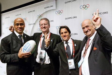 (From left to right) New Zealand rugby legend Jonah Lomu, International Rugby Board president Bernard Lapasset, Argentina's rugby chief Porfirio Carreras and French counterpart Pierre Camou celebrate after sevens was included as a sport for the 2016 Olympic Games in Rio de Janeiro.