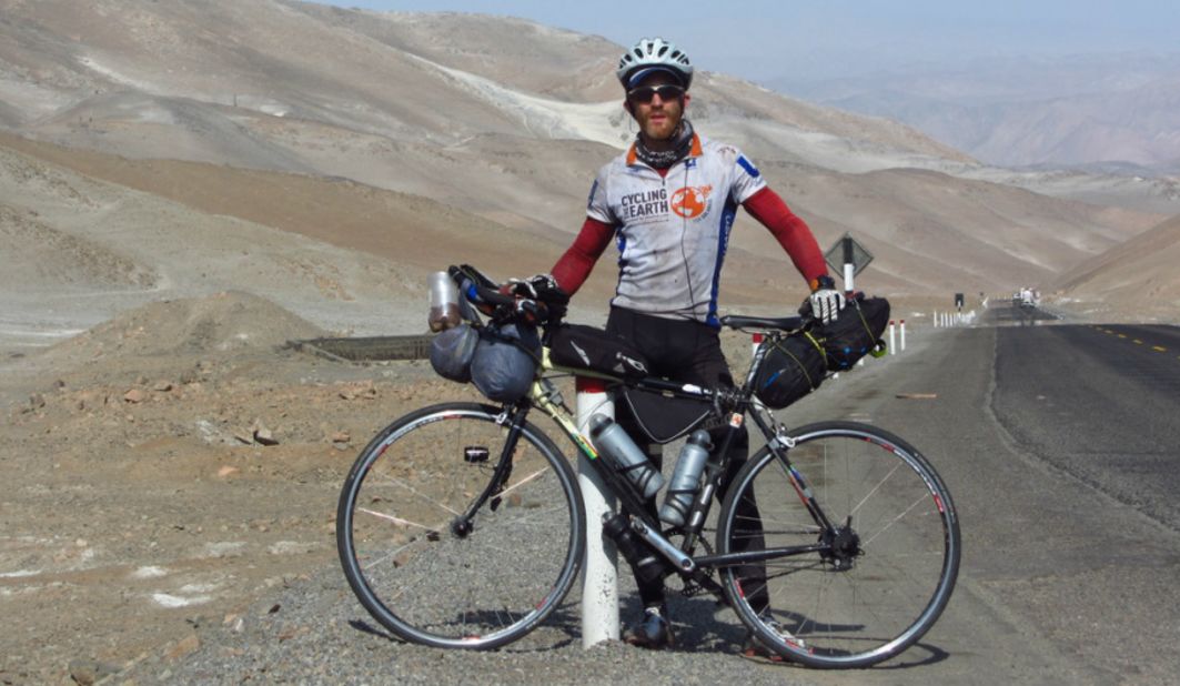 Conway during his epic round-the-world cycle ride in 2012, when he journeyed through six continents and covered over 21,000 kilometers in just 116 days.