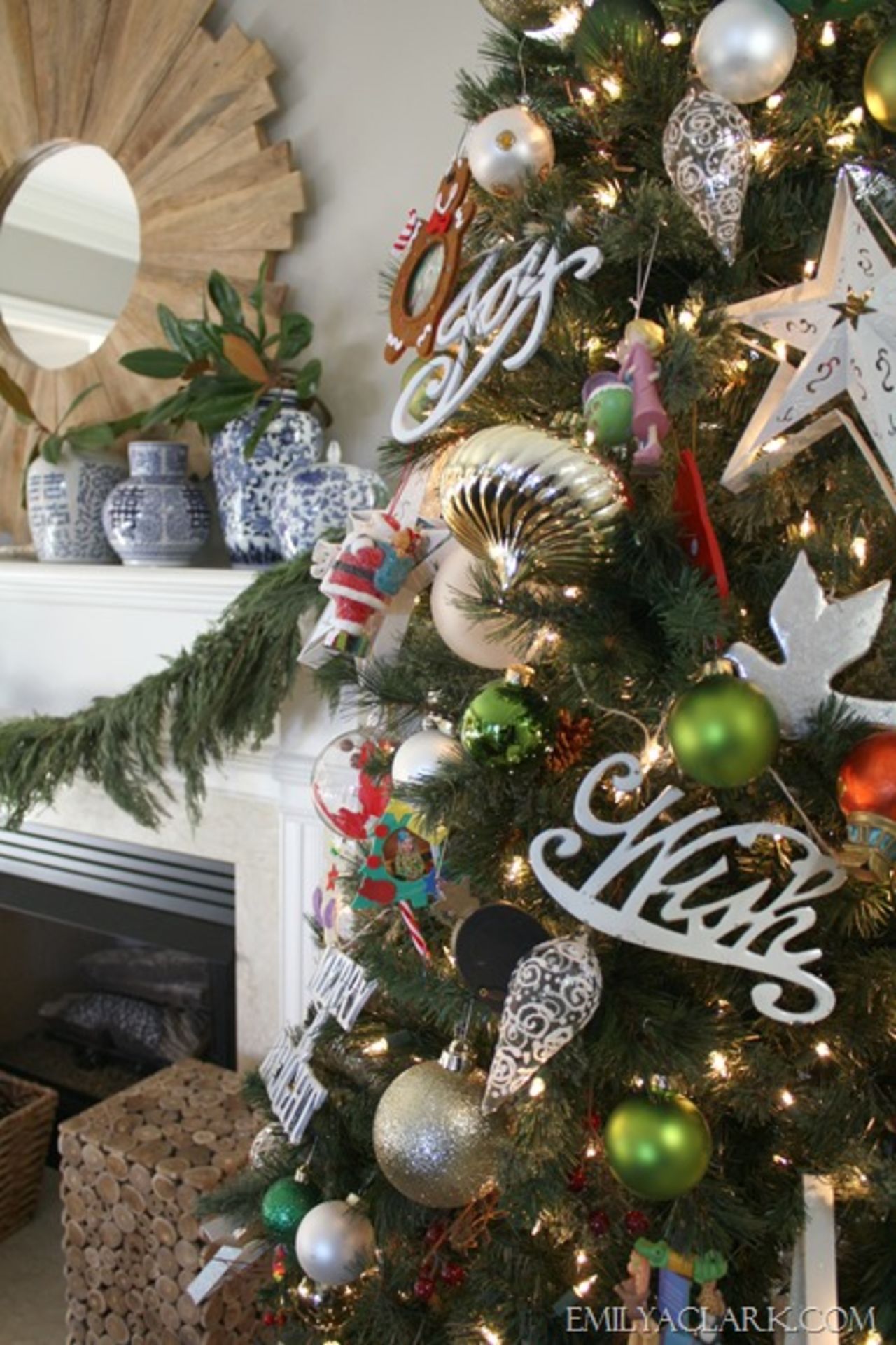 Clark's Christmas tree incorporates favorite family ornaments as well as a simplistic take on woodland botanicals.
