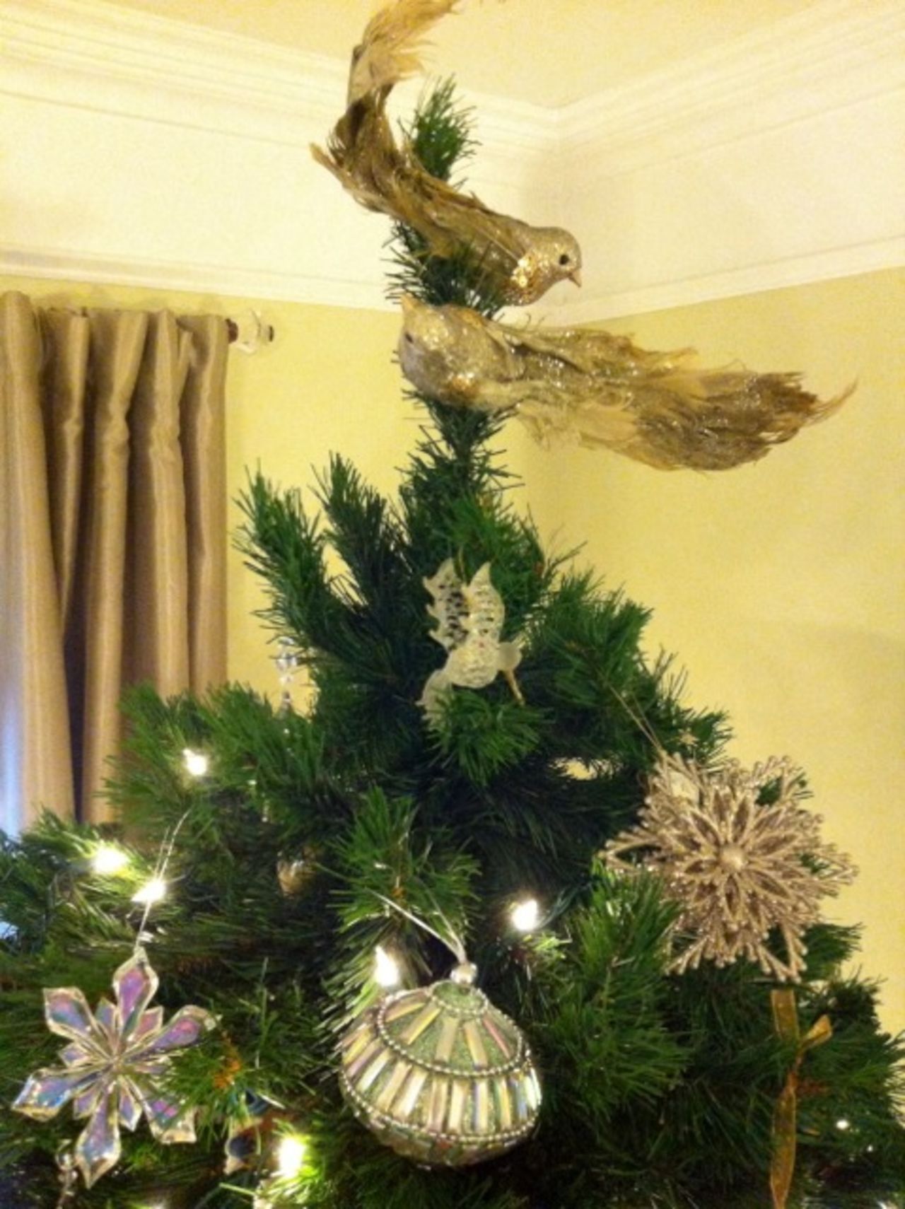 Fanciful peacocks top Norwood's Christmas tree.