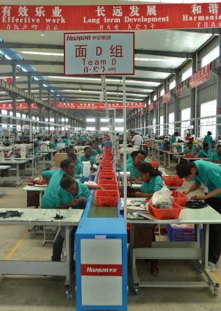 Workers on the assembly line at the Huajian shoe factory in Dukem, Ethiopia. Chinese company Huajian is one of the factories operating in the Chinese-built Eastern Industry Zone -- Ethiopia's first industrial park. 
