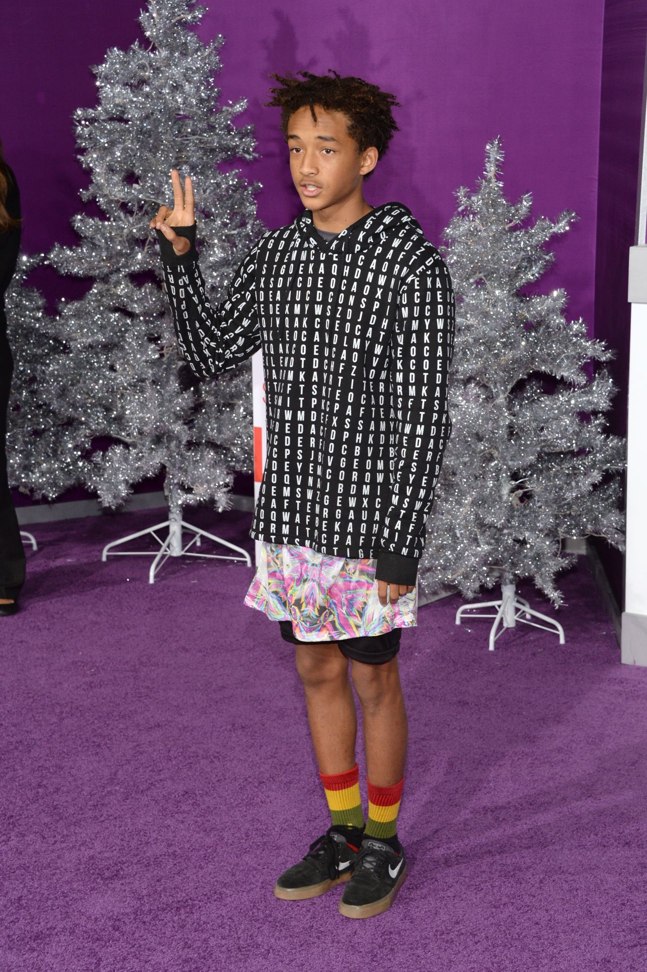 Justin Bieber's pal Jaden Smith arrives showing support and peace at the December 18 premiere of Bieber's "Believe" movie.