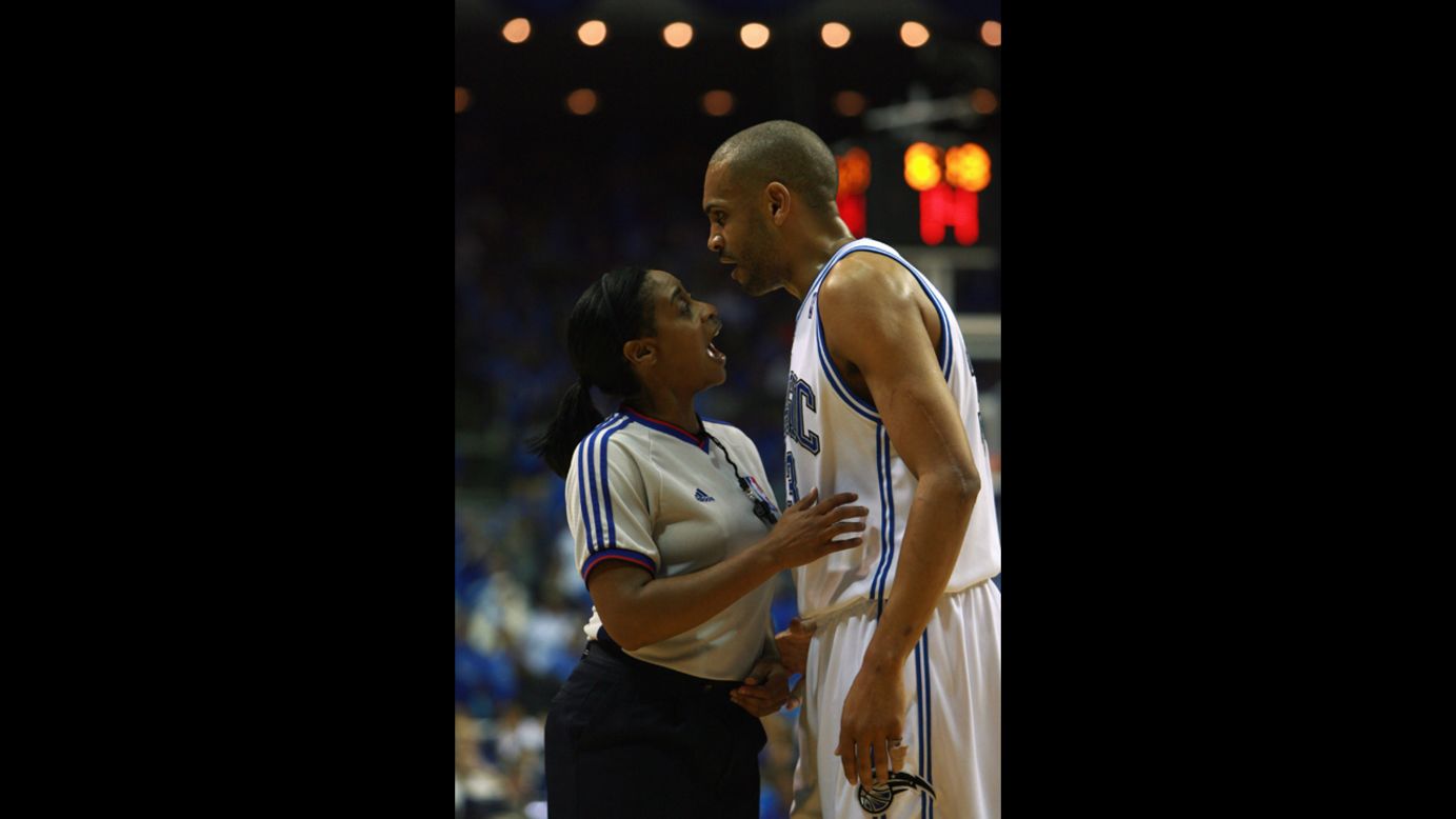 Grant Hill of the Orlando Magic argues with Palmer during the NBA playoffs in Orlando in April 2007.