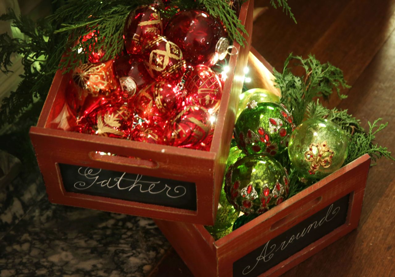 Decorations sit in the library of the White House during the preview event on December 4.
