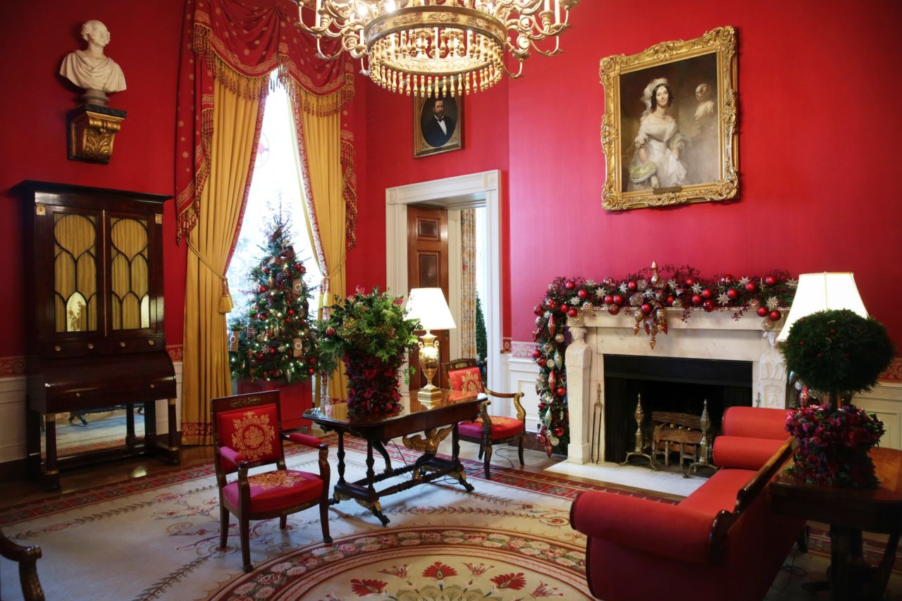 The Red Room of the White House in festive array.