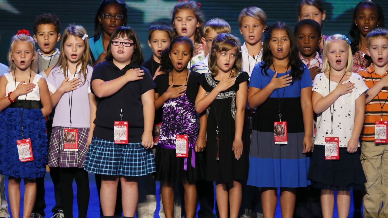 Third graders from a local school lead the Pledge of Allegiance during a walkthrough before the start of of the Democratic National Convention September 4, 2012 in Charlotte, North Carolina.  