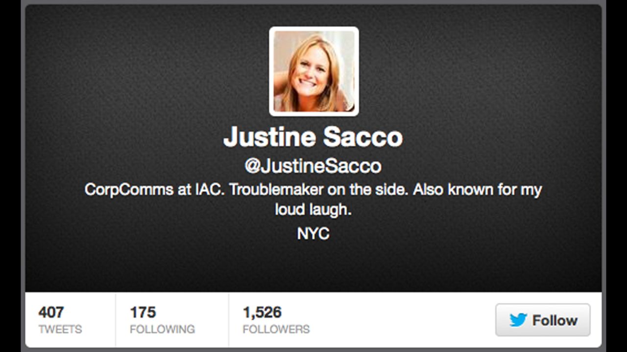 Justine Sacco's tweet went viral while she was en route to South Africa.