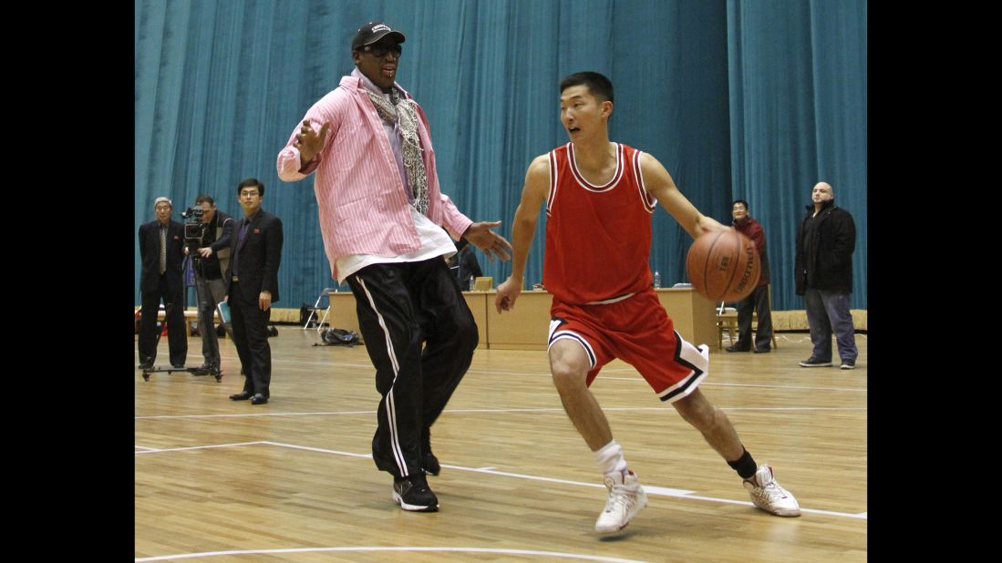 Rodman plays one-on-one with a North Korean player during a practice session in Pyongyang in December 2013. During the session, Rodman selected the members of the North Korean team who would play in Pyongyang against the visiting NBA stars.