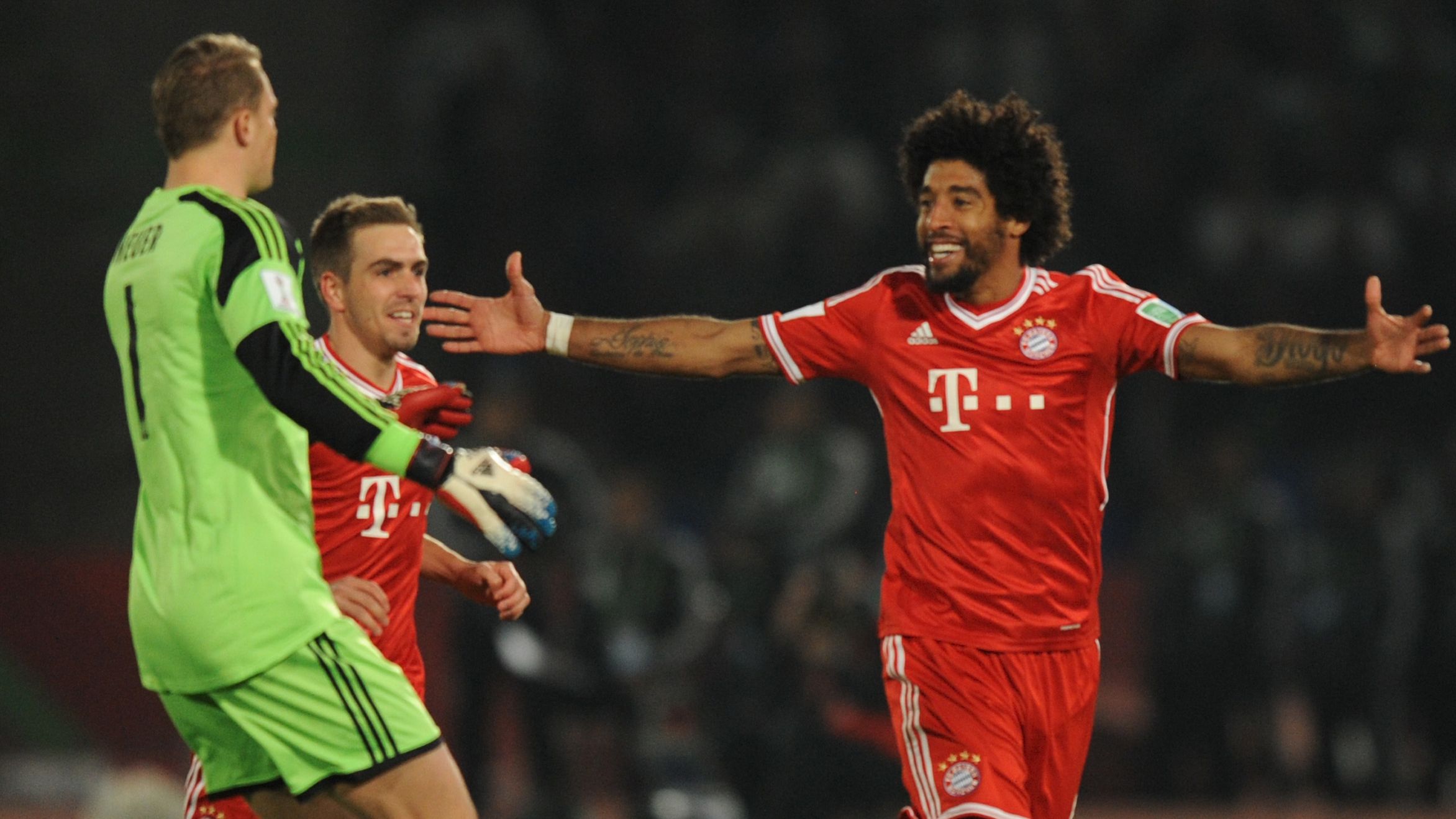 Bayern Munich's Dante, right, celebrates with his teammates after scoring in the Club World Cup final. 