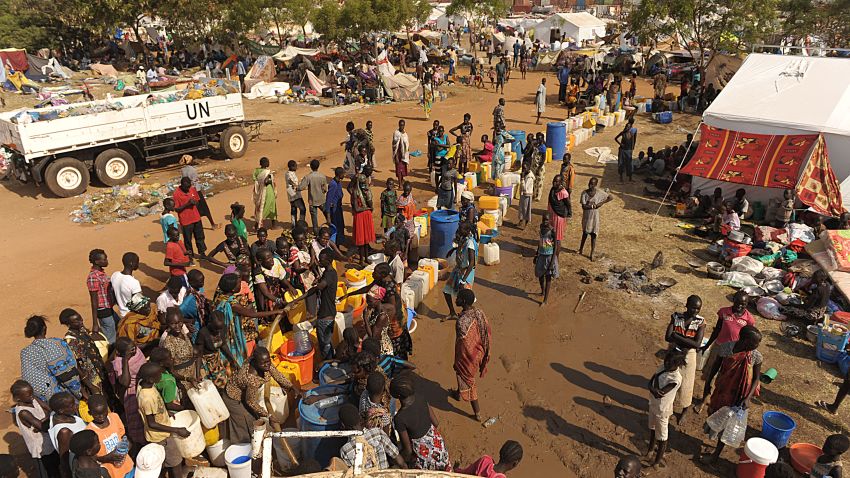 South Sudanese refugees line up for water at a United Nations compound in Juba on Saturday.