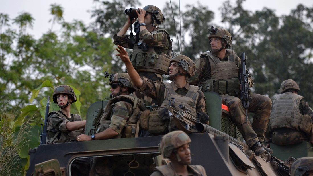 French troops patrol the Boy Rabe district of Bangui on December 20.