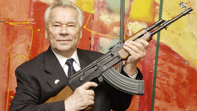 Russian weapons designer Mikhail Kalashnikov presents his legendary assault rifle, the AK-47, to the media while opening an exhibition of his work at a weapons museum in Suhl, Germany, in 2002. Kalashnikov died on December 23 at the age of 94. Click through to see where else in the world the AK-47 has appeared.