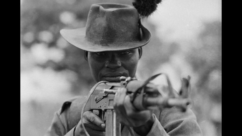 A soldier in the anti-government army of the Sudan holds his AK-47 rifle at the ready in 1971.