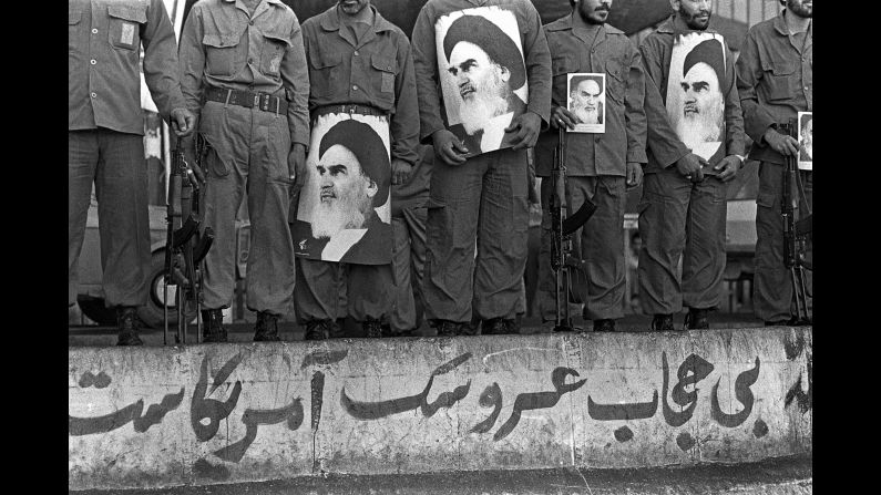 Iranian Revolutionary Guard Corps members assemble during a commemoration of their foundation in Tehran in 1981.