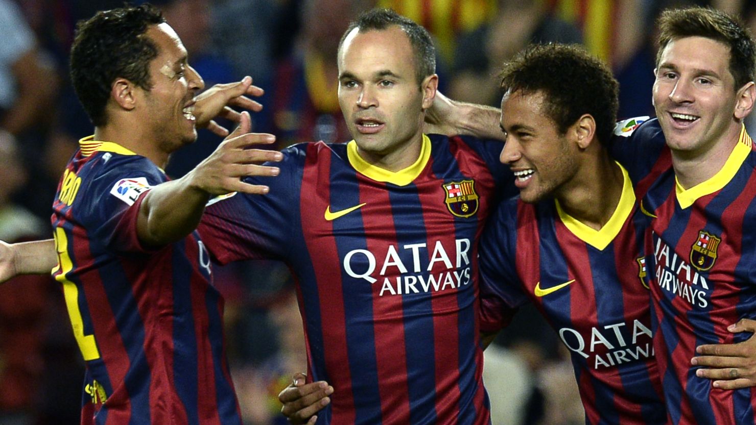 Iniesta (center) is a key part of Barcelona's side that also includes Neymar (second right), Adriano (left) and Messi (far right)