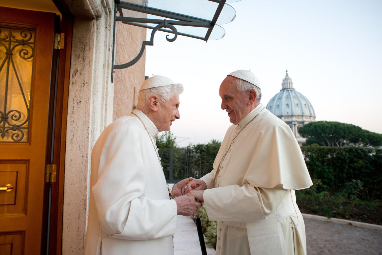 <strong>December 23:</strong> Pope Francis, right, meets with Pope Emeritus Benedict XVI at the Mater Ecclesiae monastery at the Vatican.