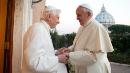 Pope Francis, right, meets with Pope Emeritus Benedict XVI, left, at the Mater Ecclesiae monastery at the Vatican on Monday, December 23.