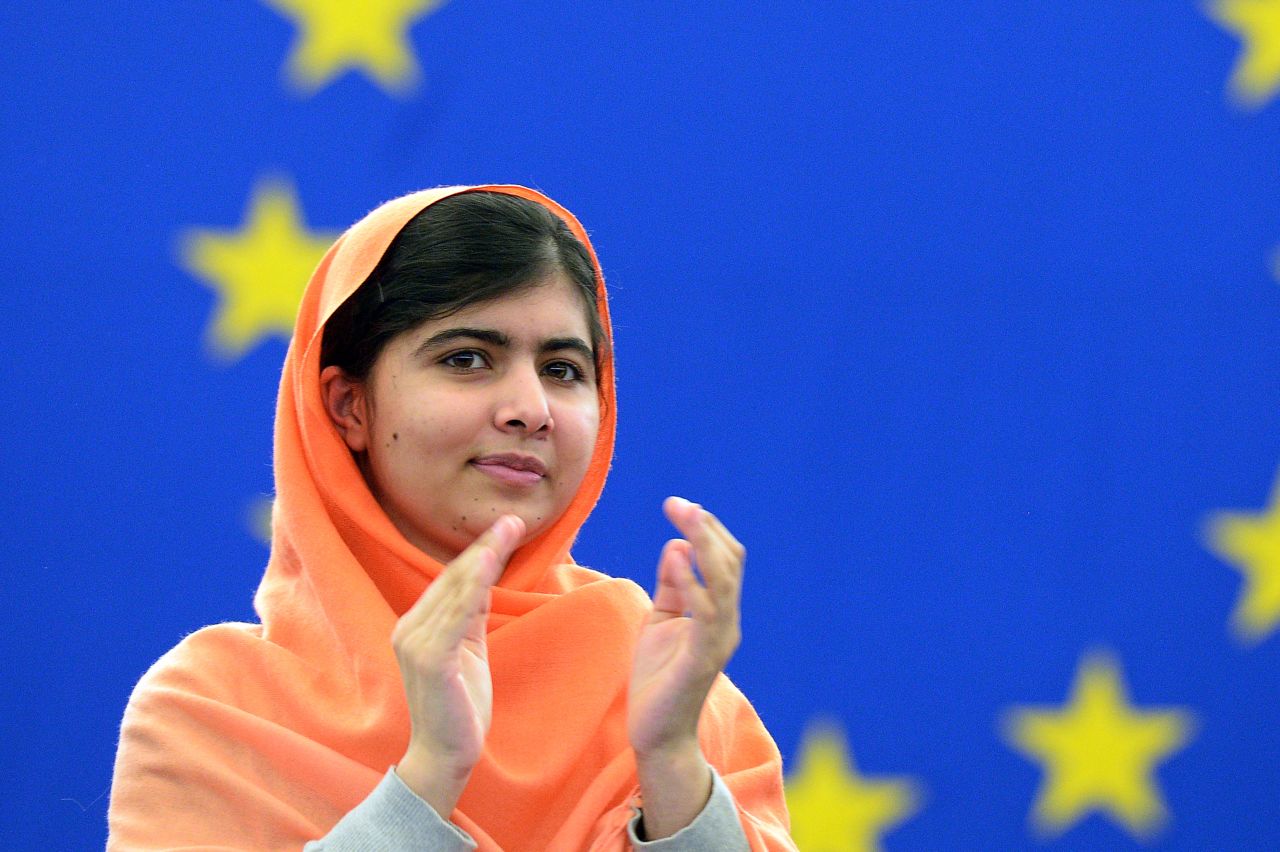 Malala Yousafzai, a Pakistani student who was shot in the head by the Taliban, advocates for the right of all girls to an education.