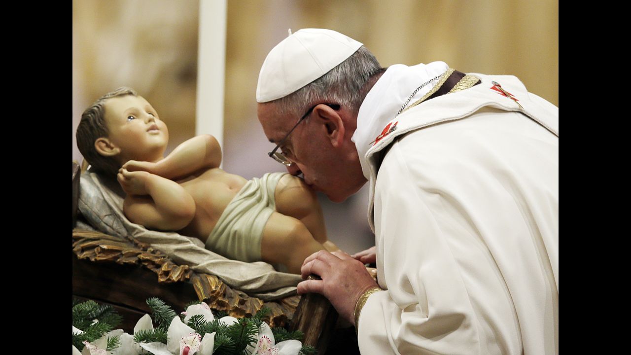 Pope Francis kisses a statue of baby Jesus. "Our Father is patient. He loves us, he gives us Jesus to guide us on the way which leads to the promised land. Jesus is the light who brightened the darkness. Our Father forgives always. He is our peace and light."